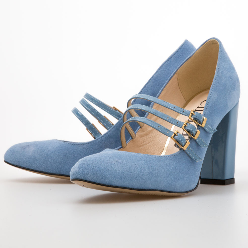 blue suede chunky heels